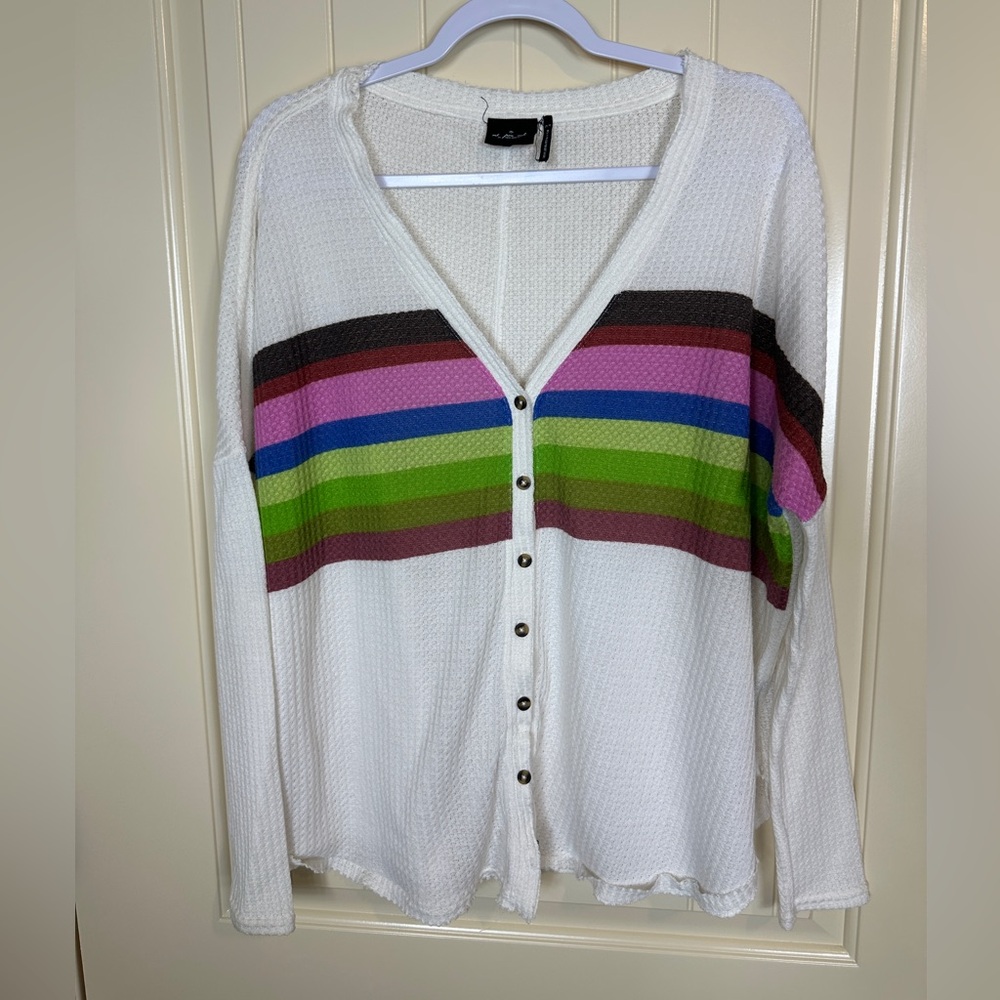 Out from Under rainbow striped V-neck Oversized Waffle Knit Thermal Top Sz Med